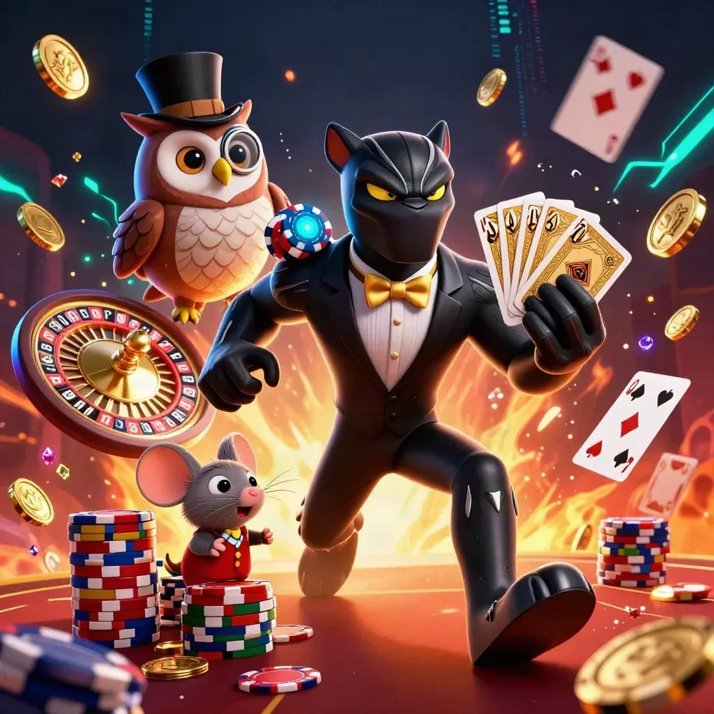 Panther, owl and mouse amid casino chips, coins, gems and teal neon energy.