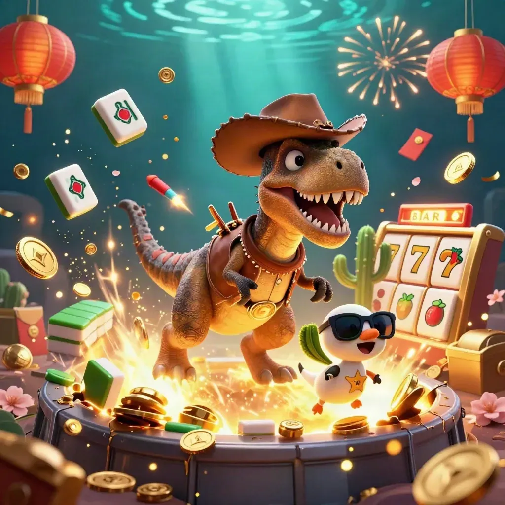 Cowboy T-Rex, cactus and roadrunner amid casino treasure, coins, fireworks, and neon glow.