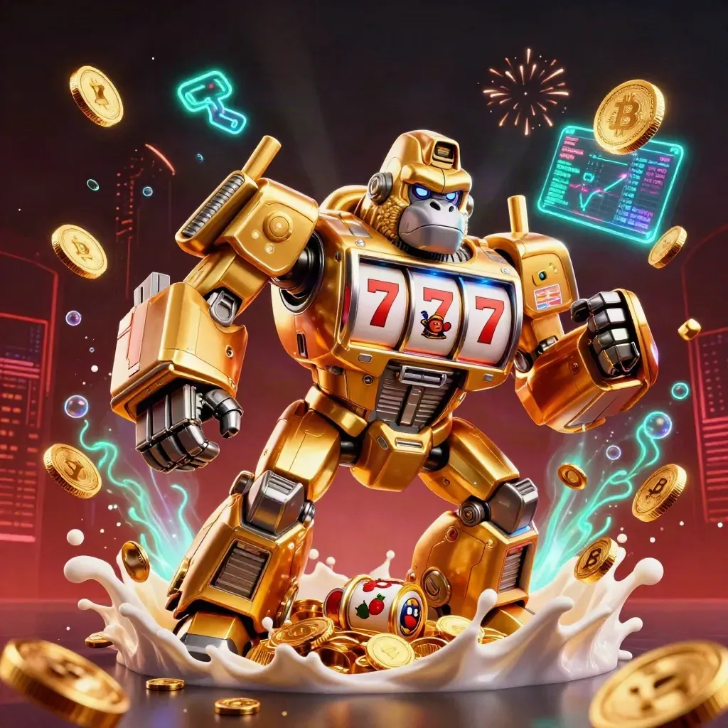 Golden gorilla mech with tiny monkey pilot amid coins, crypto symbols, fireworks and neon glow