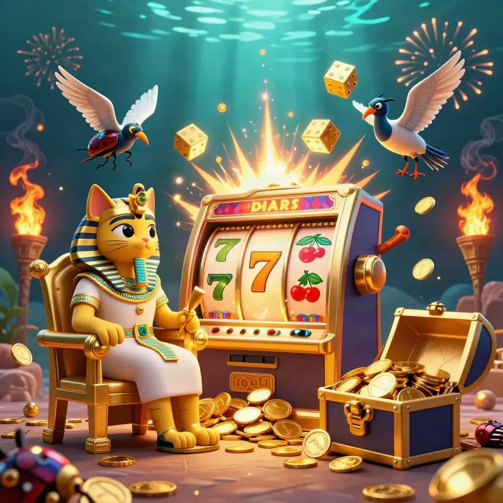 Pharaoh cat, ibis scribe, and gem-winged scarabs amid exploding slots, coins, and treasure.
