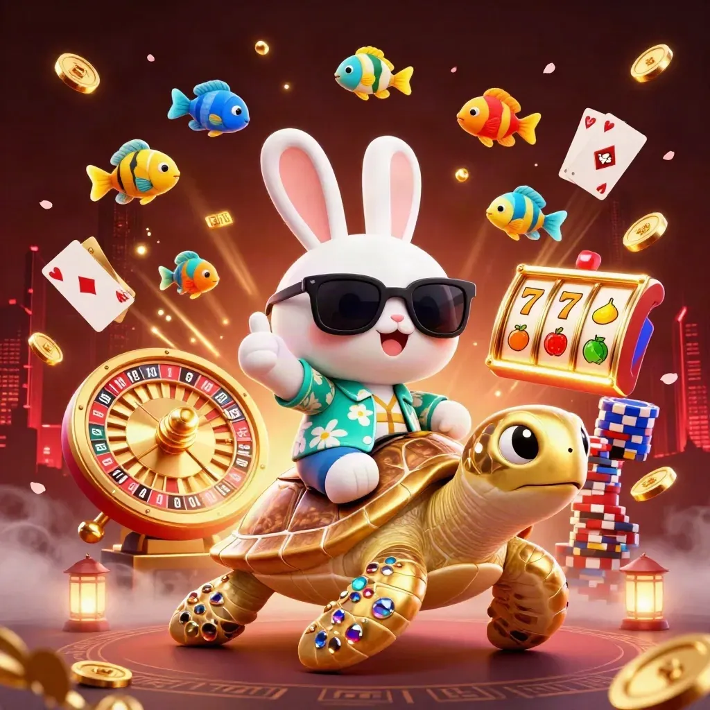 Lucky rabbit rides a gold turtle amid casino symbols, coins, reels, and glowing neon effects.