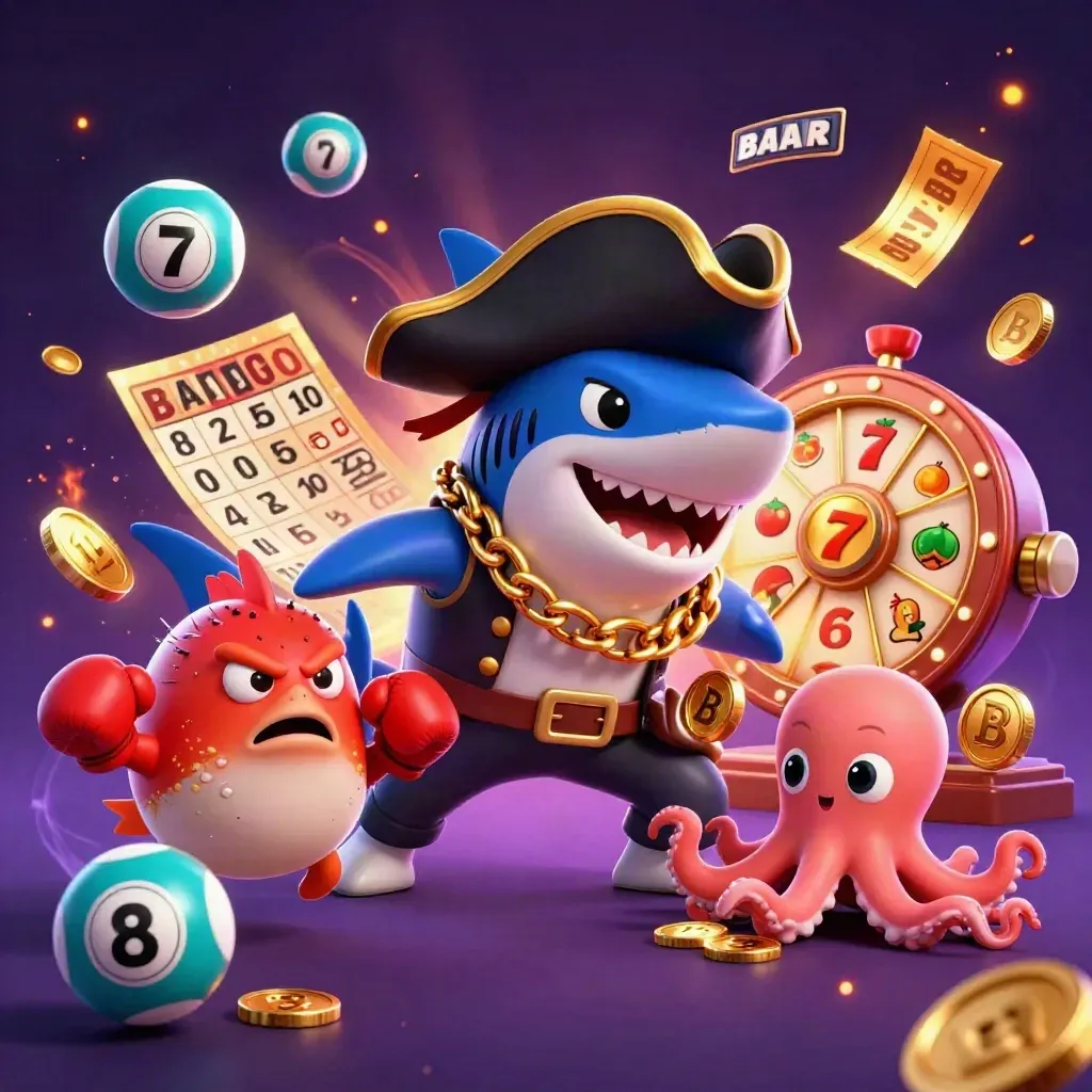 Pirate shark, boxing pufferfish, and coin-juggling octopus amid casino lights and flying reels