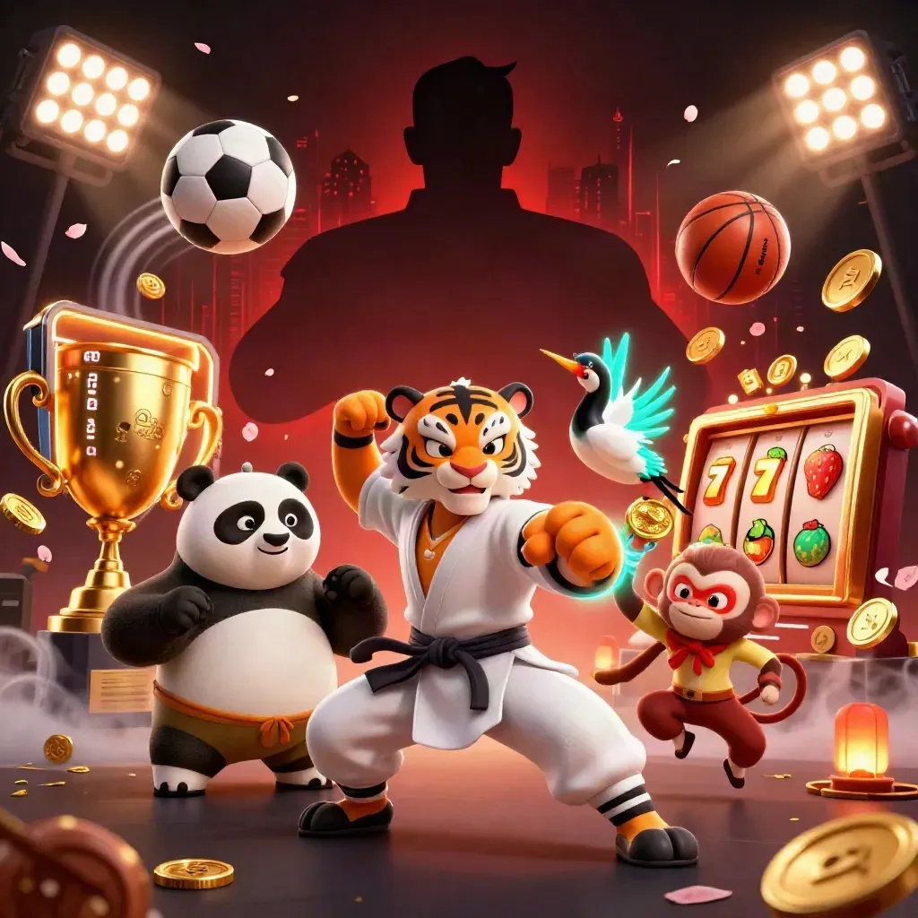 Kung-fu tiger, panda, and monkey amid casino slot chaos, trophies, coins, and neon effects.