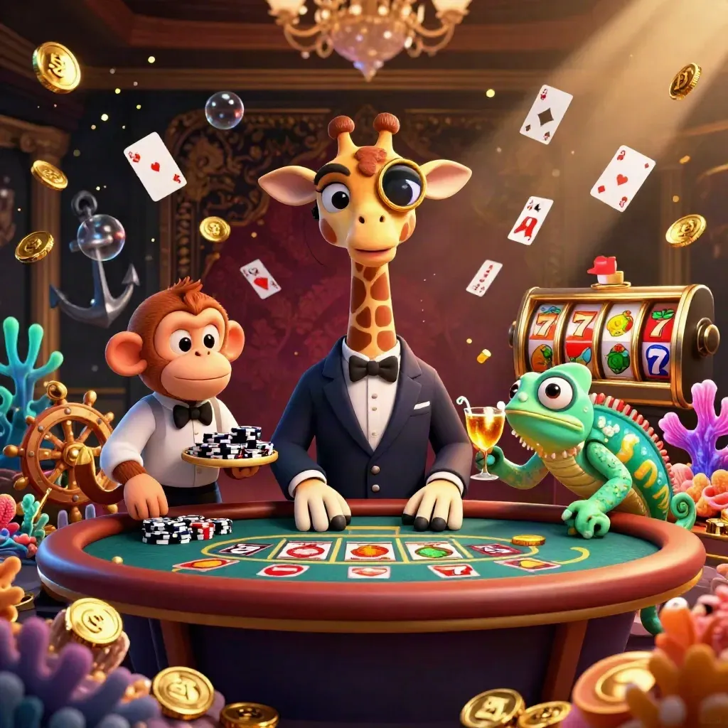 Giraffe, monkey, and chameleon casino key art with gold coins and neon glow