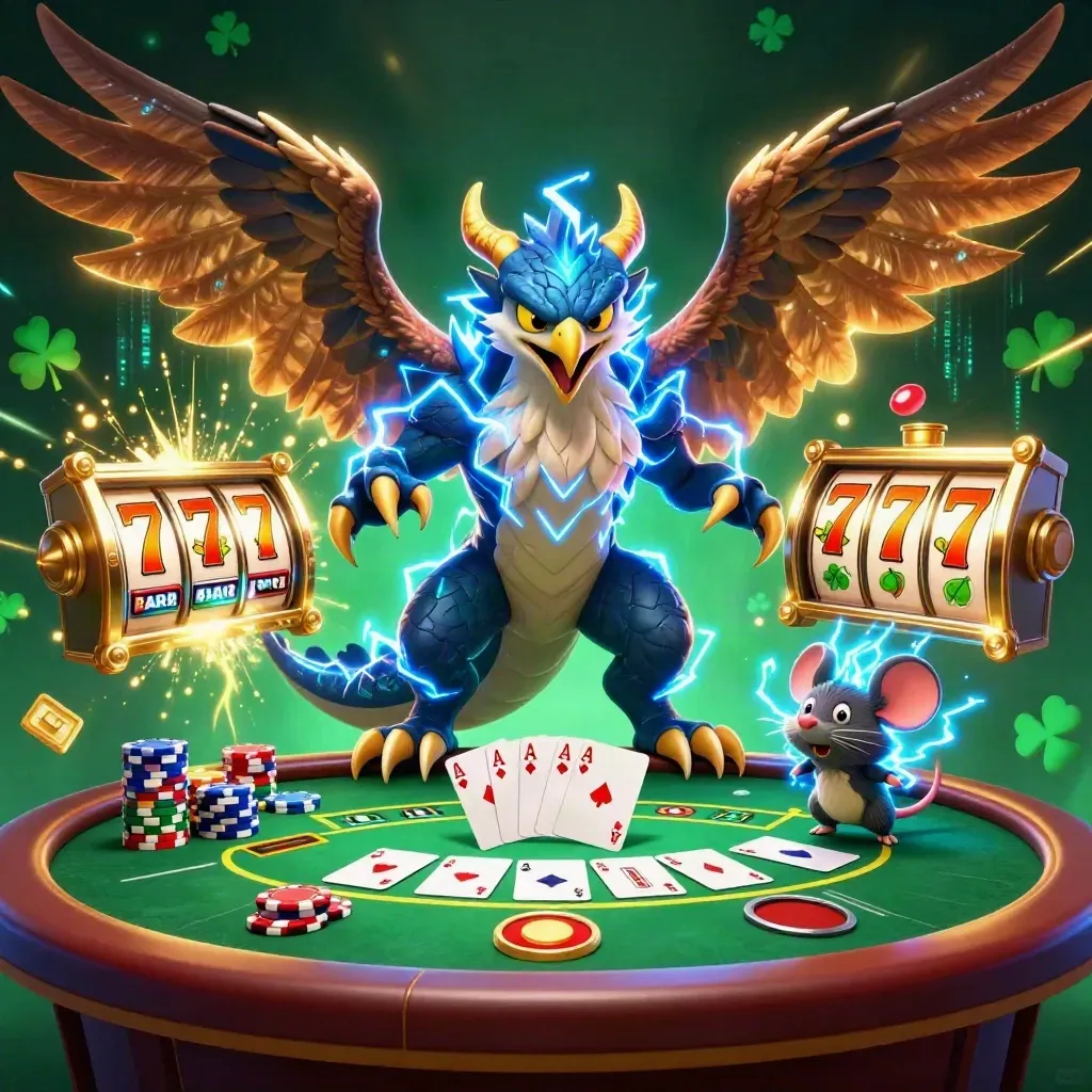 Thunder dragon, hawk, and mouse amid chips, cards, reels, and neon lightning.