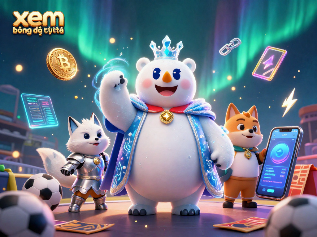 Experience xem bóng đá trực tiếp with a vibrant illustration depicting a polar bear king and a snow fox, surrounded by dynamic betting elements.