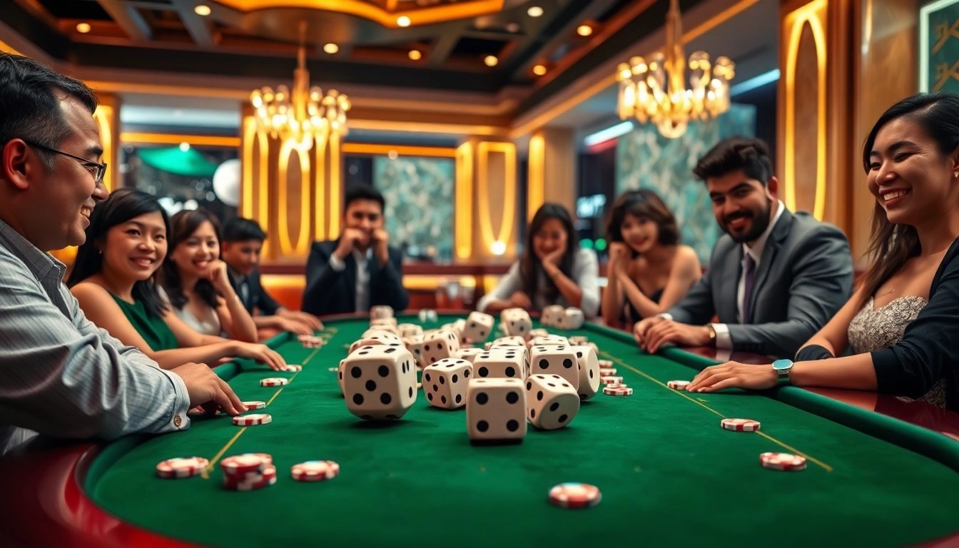 Tài xỉu MD5 game in a luxurious casino setting featuring excited players and vibrant chips.