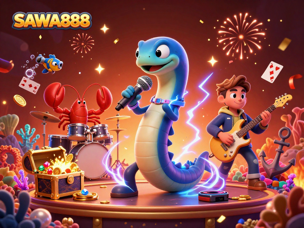 Experience exciting slots at SAWA888 with a vibrant underwater DJ performance and dynamic casino elements.