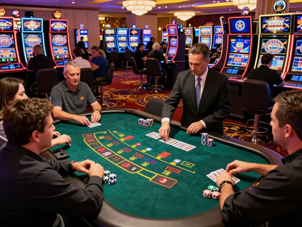 MM88 casino players strategizing at a live blackjack table, vibrant Vegas atmosphere