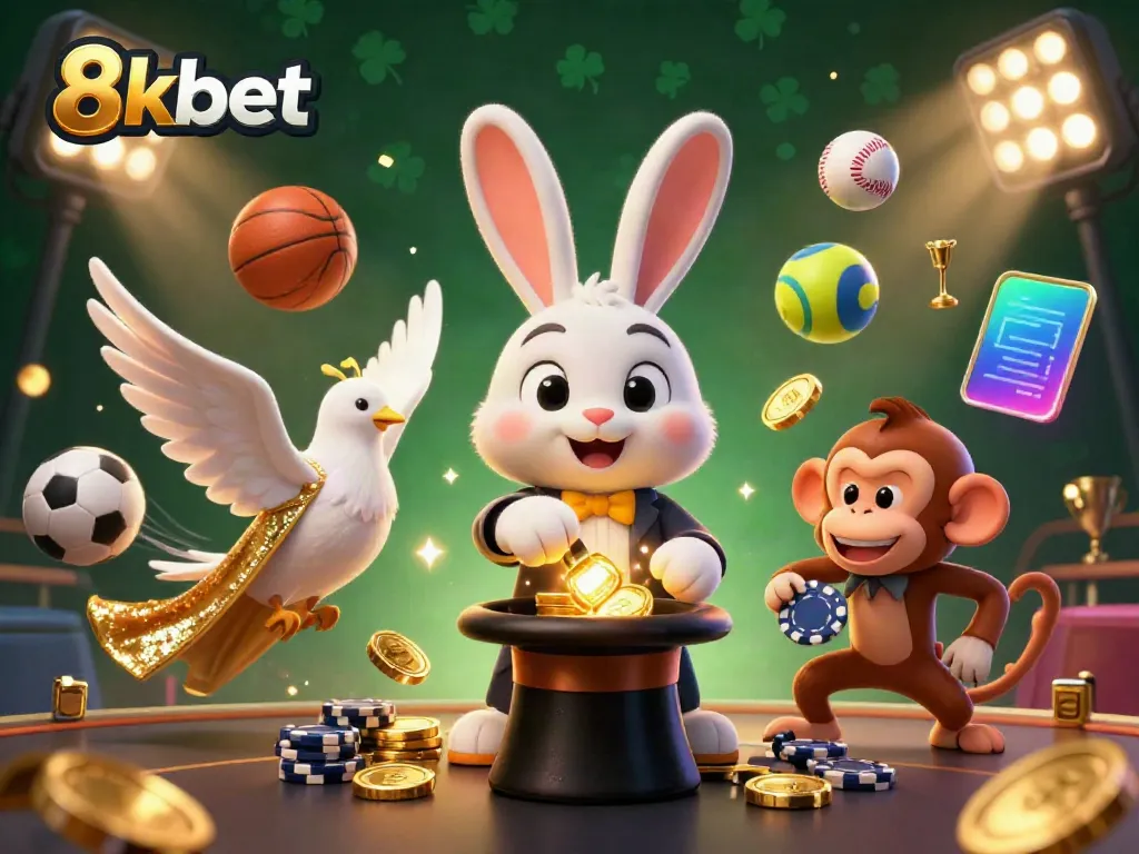 Engage with the magical world of 8kbet, featuring a cartoon rabbit pulling coins, sparkling magic, and playful casino elements.