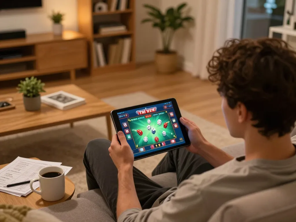 Player engaging with tai xiu online game on a tablet in a cozy home setting.
