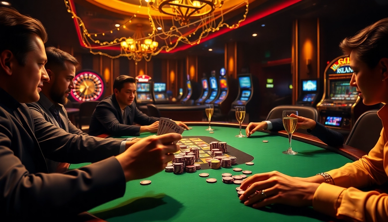 Players betting at a poker table in a stunning kkwin casino atmosphere, showcasing excitement and luxury.