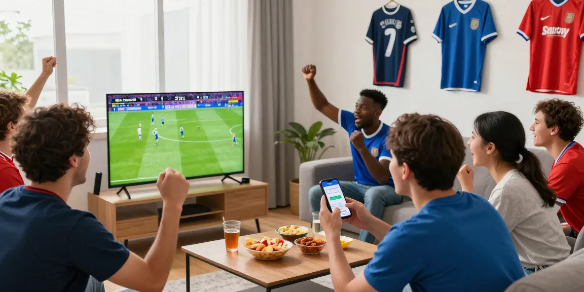 Exciting football fans watching trực tiếp bóng đá CakhiaTV live in a vibrant living room with multiple screens.