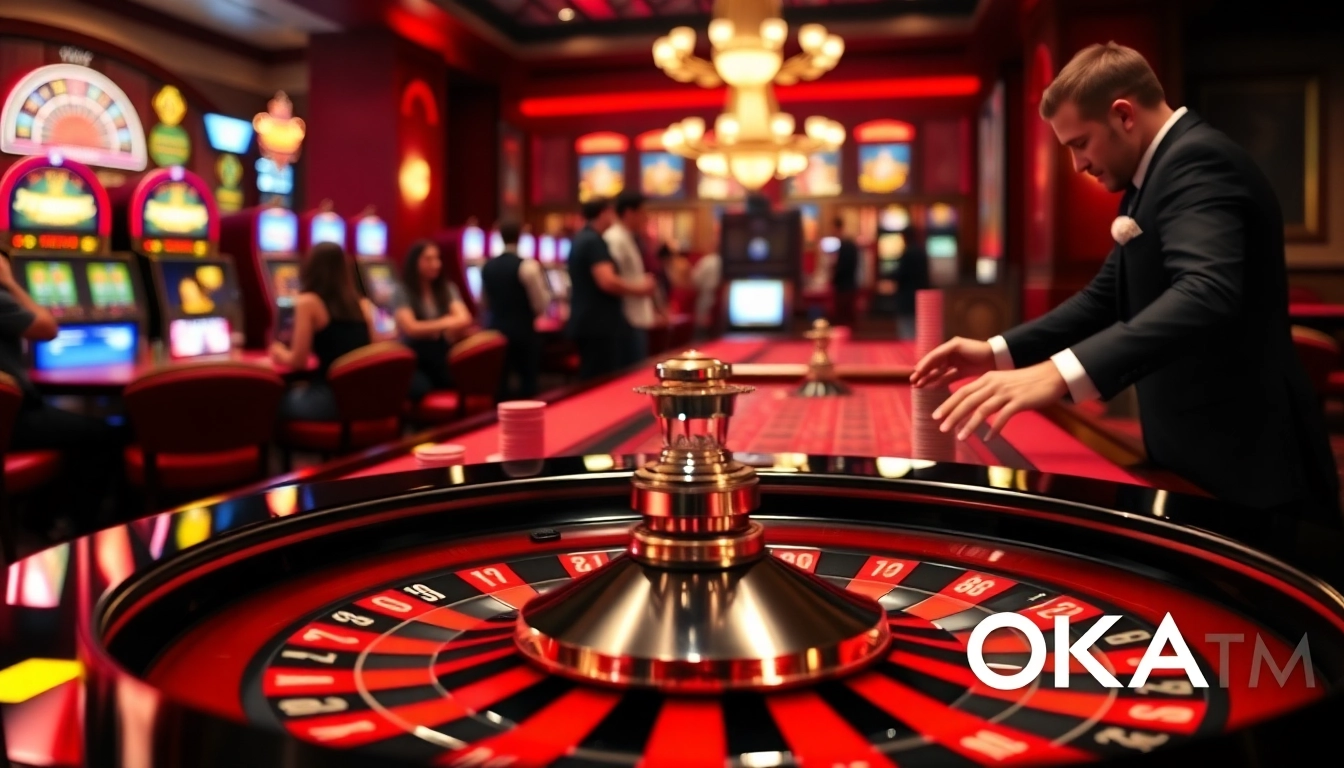 Experience the thrill at OKATM's online casino with roulette and vibrant chips.