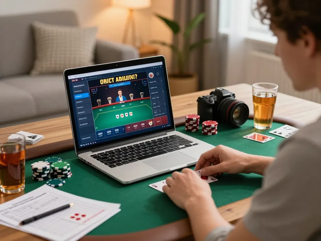 Player enjoying online gambling on 789club with laptop and strategy notes in cozy home setting.