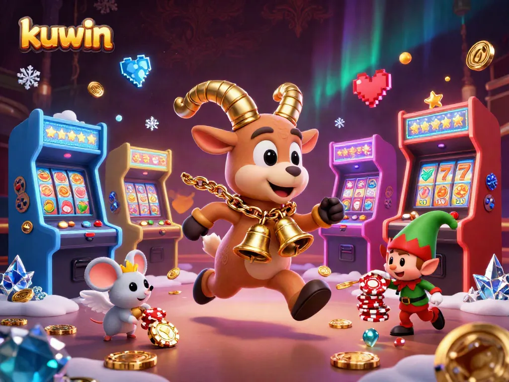 Kuwin offers engaging gameplay with lively characters in a vibrant casino scene filled with slot elements and festive decorations.