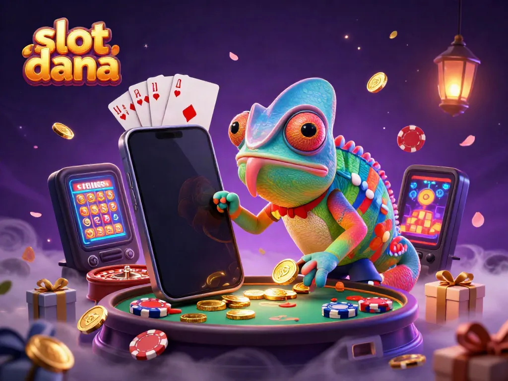 Experience slot dana with a vibrant casino scene featuring a chameleon owner, slot games, and golden coins.