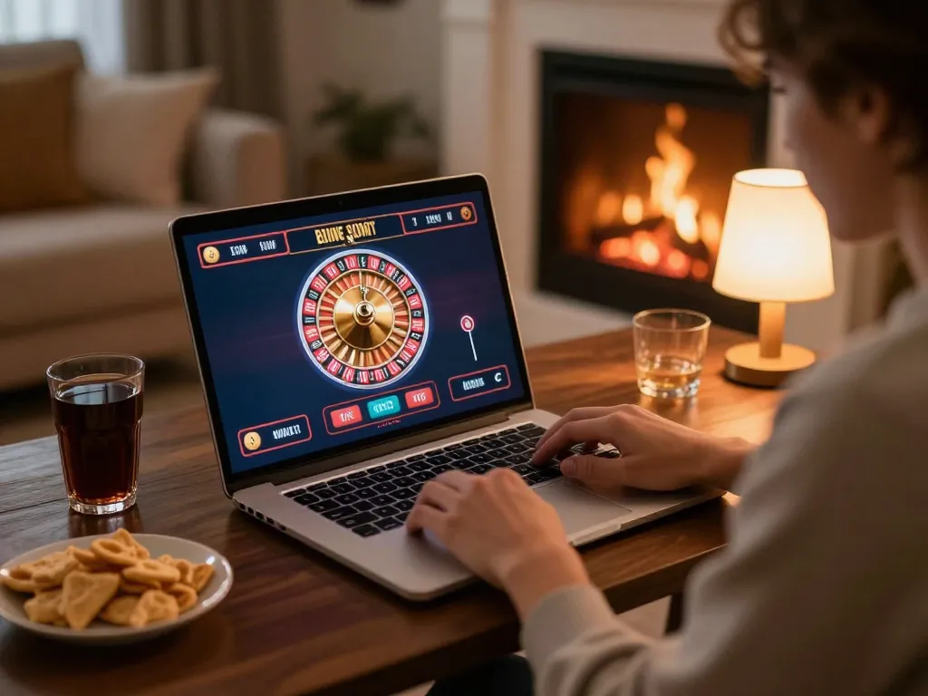 Engaging in online casino gaming at home with go8 on laptop, showing roulette wheel and cozy atmosphere