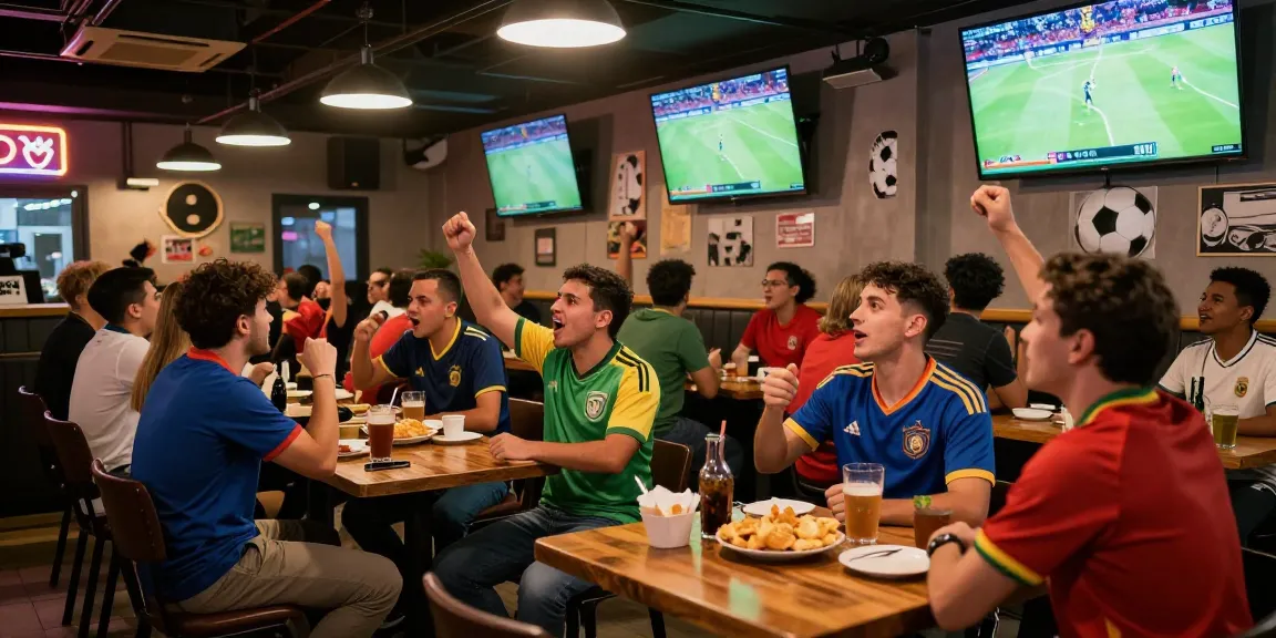 Football fans enjoying the excitement of Bongdata updates at a sports bar during the World Cup, highlighting community engagement and enthusiasm.