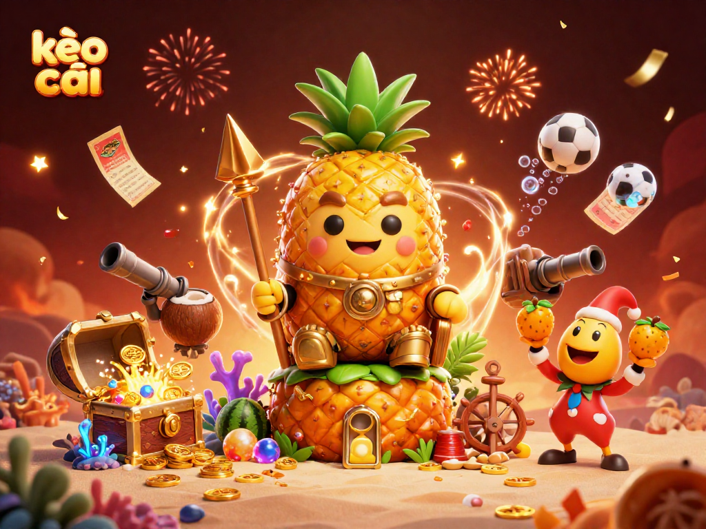Bet on the kèo nhà cái strategy with an engaging scene of a fun beach casino featuring a pineapple king.