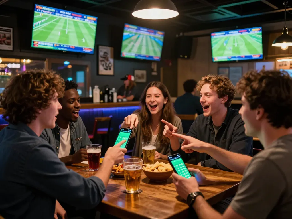 Cá Độ Bóng Đá betting excitement with friends at a lively sports bar during live games