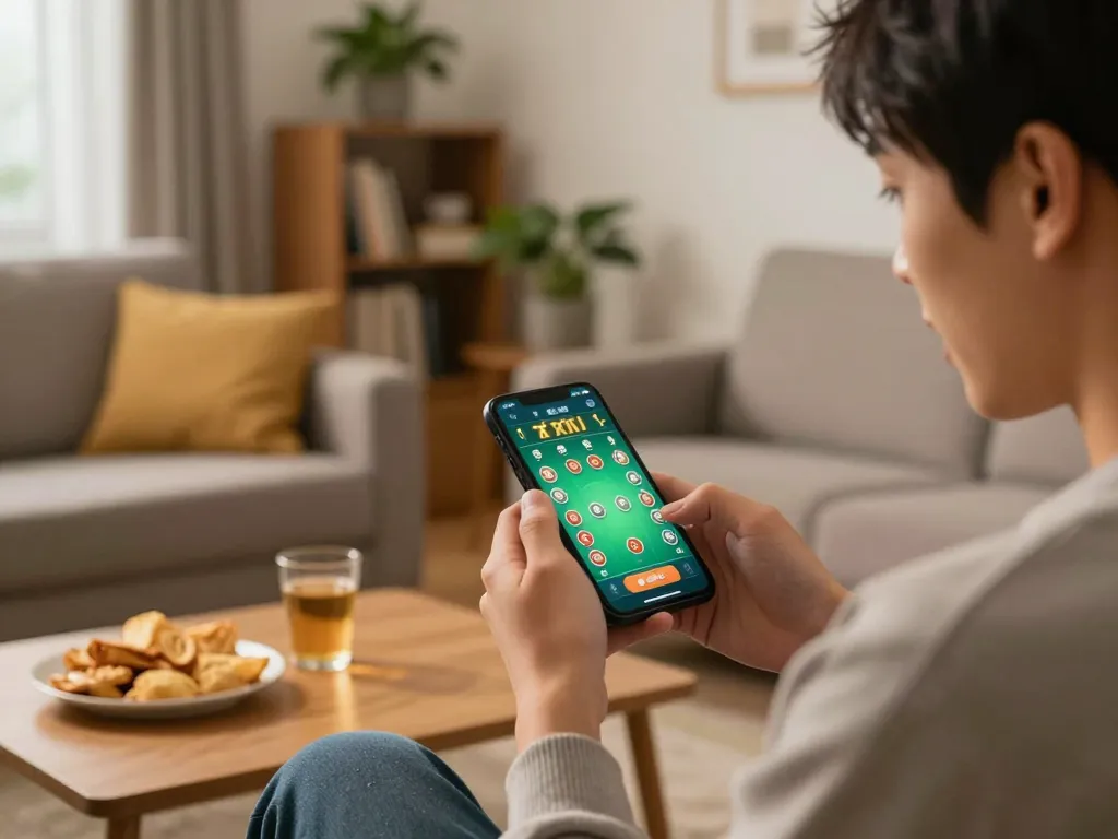 Engaged player placing a bet in Tài Xỉu on a smartphone in a cozy home setting.