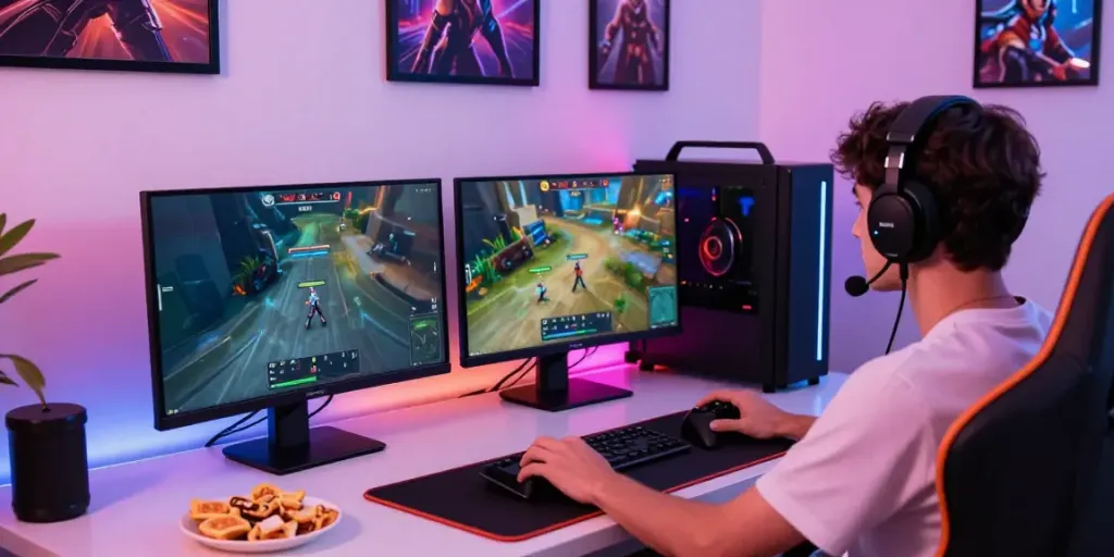f168 đăng nhập showcased in a dynamic online gaming setup with vibrant LED lighting and dual monitors.