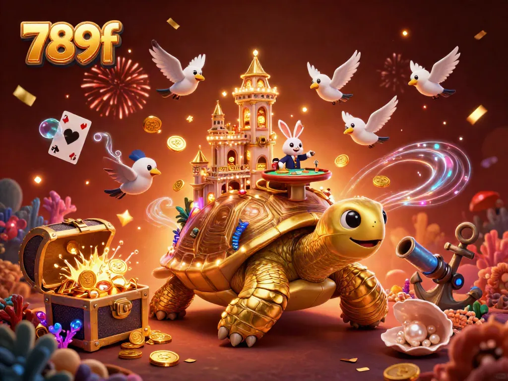 Experience excitement at 789f with a vibrant casino scene featuring golden tortoise and a rabbit dealer.