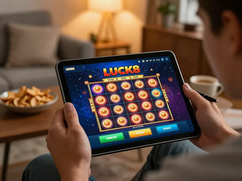 LUCK8 app interface displayed on tablet during an engaging online gaming session in a cozy home setting.