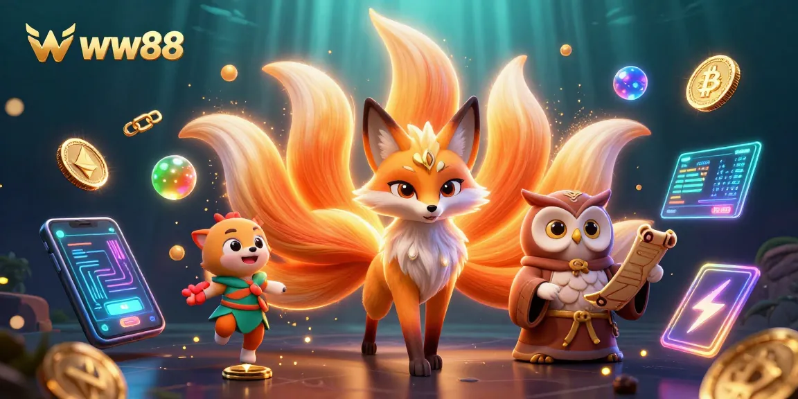Win big with exciting games at ww88, featuring a colorful nine-tailed fox and glowing crypto elements.