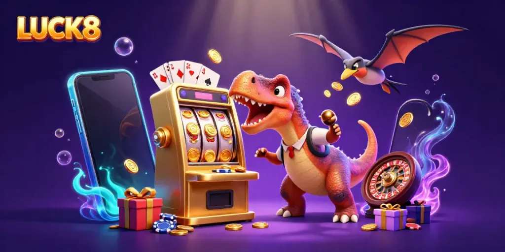 LUCK8 cartoon scene with a dinosaur headbutting a slot machine, coins flying in a vibrant casino