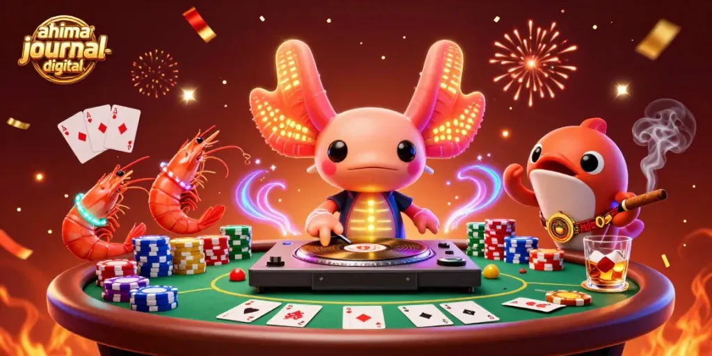 Engage in thrilling casino action with ahimajournal-digital's vibrant 3D illustration featuring a DJ axolotl and poker elements.