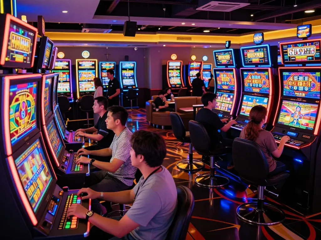 Nohu players celebrate wins at vibrant slot machines in an exciting casino atmosphere