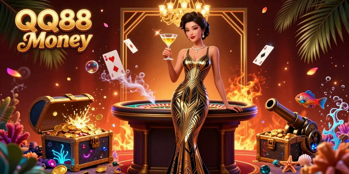 Experience thrilling gameplay with QQ88 Money, featuring elegant casino elements and vibrant underwater treasures.