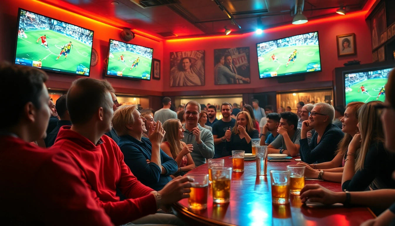 Cakhia TV fans enjoying a live football match in a vibrant sports bar atmosphere.