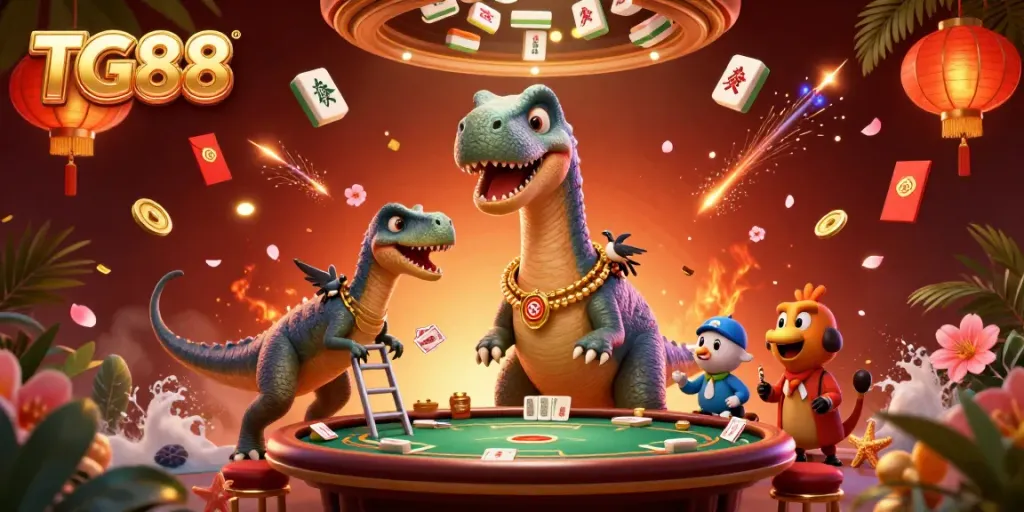 Engage with TG88 as a whimsical brontosaurus peers over a casino, showcasing dynamic gaming elements.