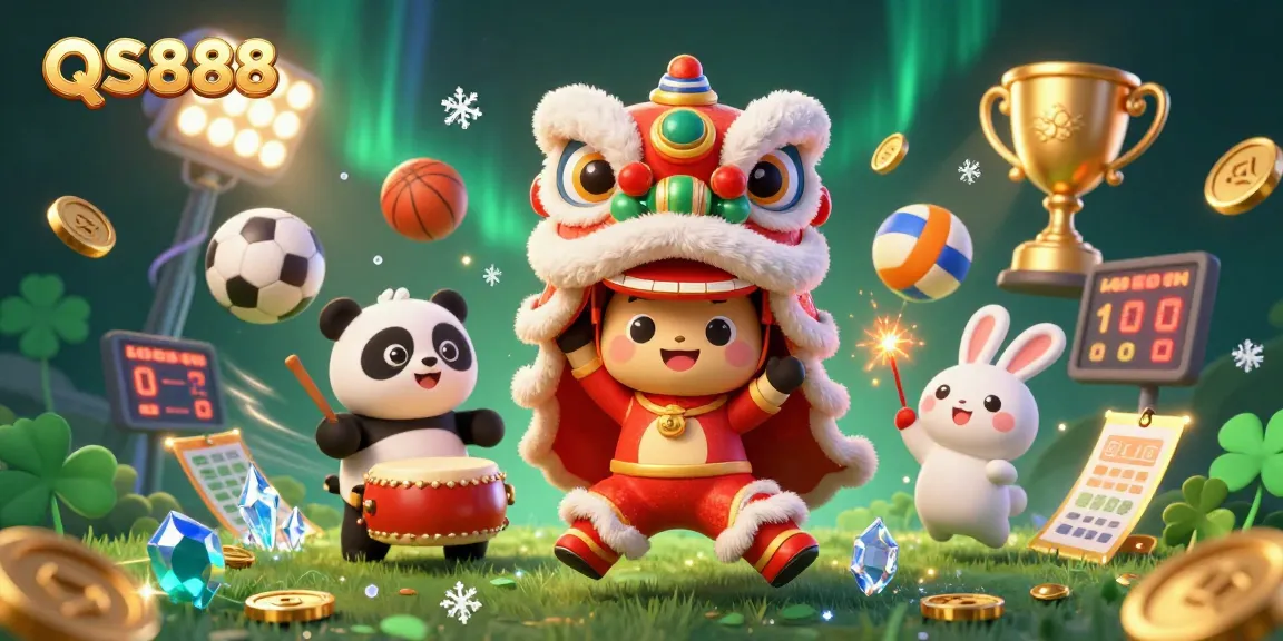 Experience QS888 excitement with vibrant 3D carnival atmosphere featuring a lion dance, drumming panda, and sports elements.