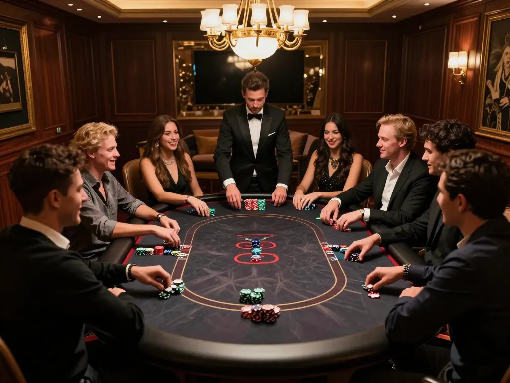 MAX88 poker players enjoying an engaging game in a luxurious VIP gaming room atmosphere.