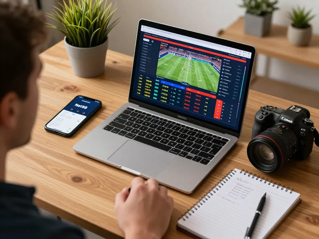Place bets strategically using the Net88 app on a modern workspace setup.