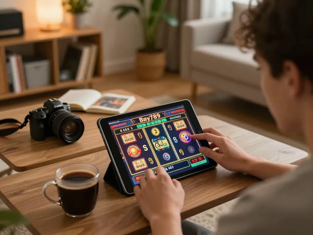 Engaging gameplay on Bay789, showcasing a player enjoying online slots in a cozy home setting.
