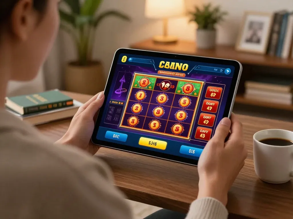 Engaging in EE88 online gambling while enjoying a cozy home atmosphere with a tablet.