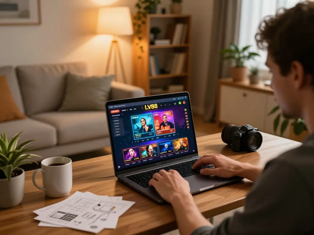 Player engaging with the LV88 online casino interface in a cozy home setup, combining relaxation with strategic gameplay.