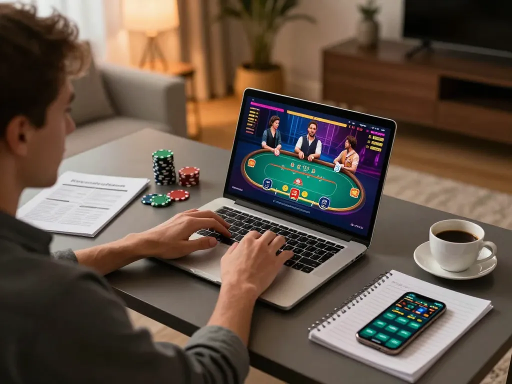 Engaging online poker gameplay at https://mm88.se.net/ showcasing a cozy home setting with strategy notes.