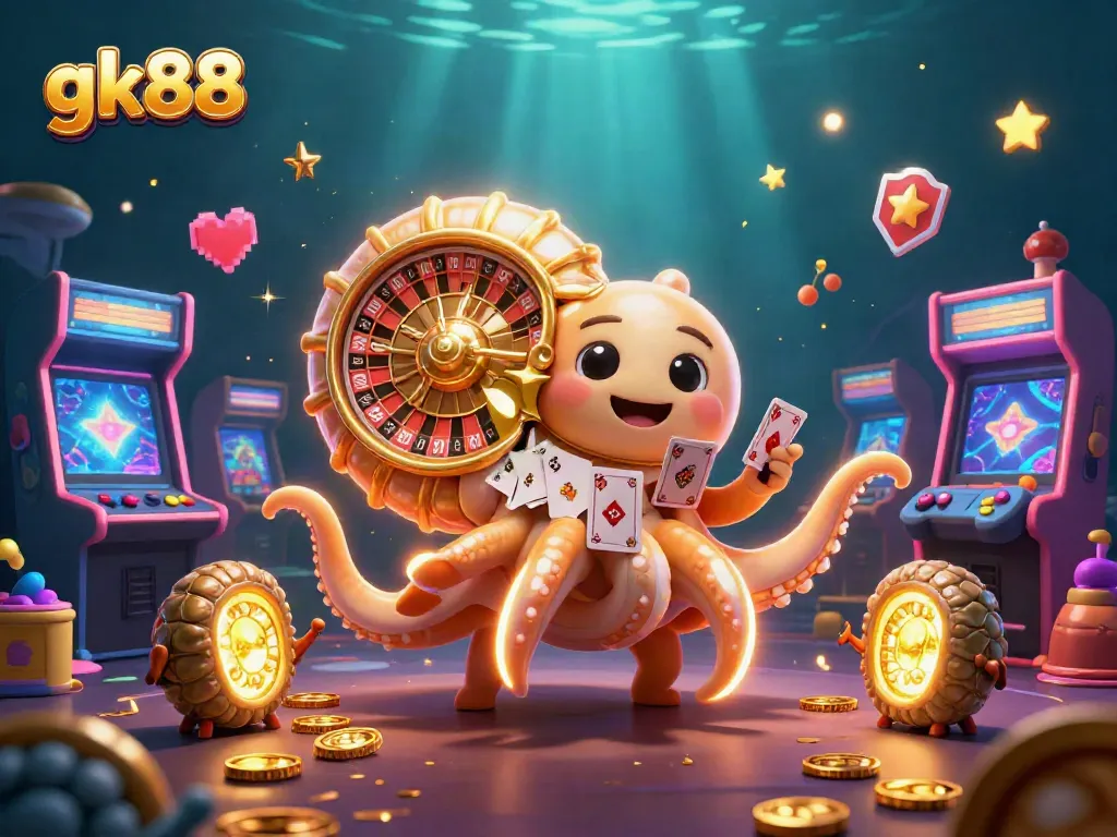 Engage with gk88's vibrant 3D casino scene featuring dynamic games and glowing characters.