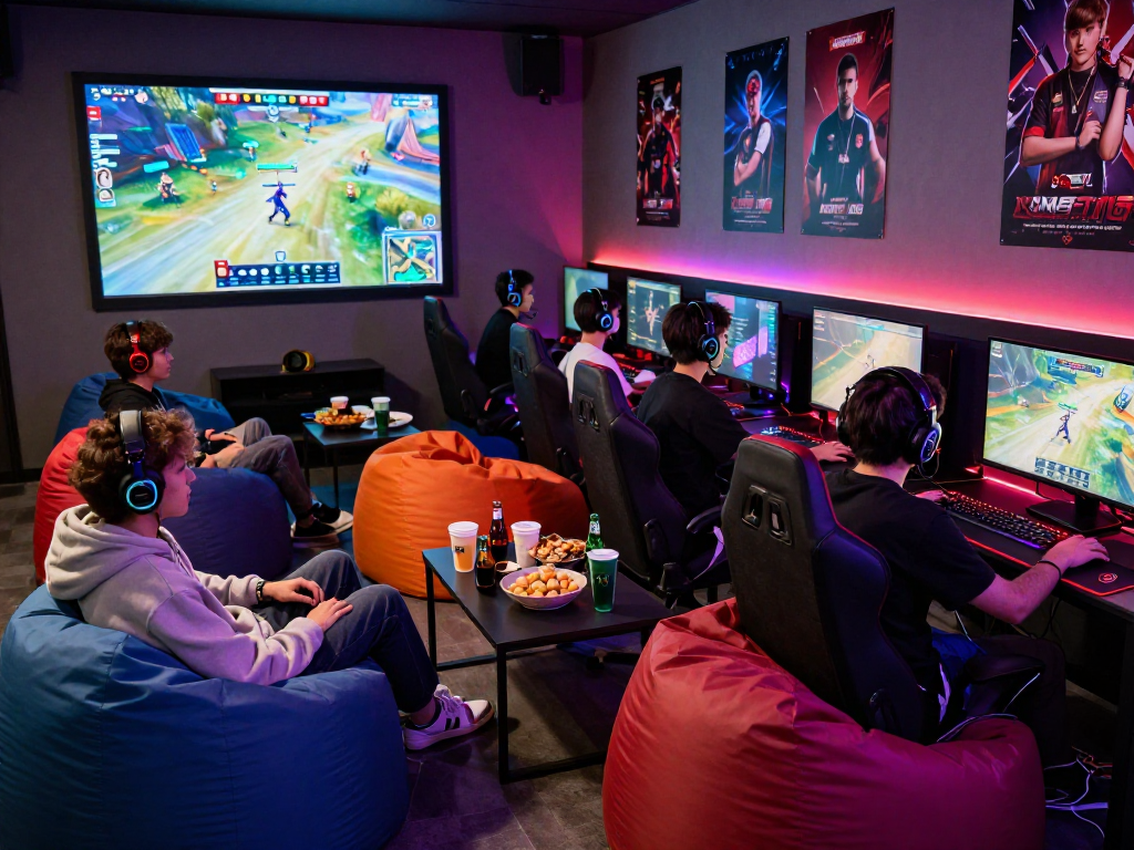 Exciting gaming lounge with friends enjoying KOMBET168 multiplayer games together.