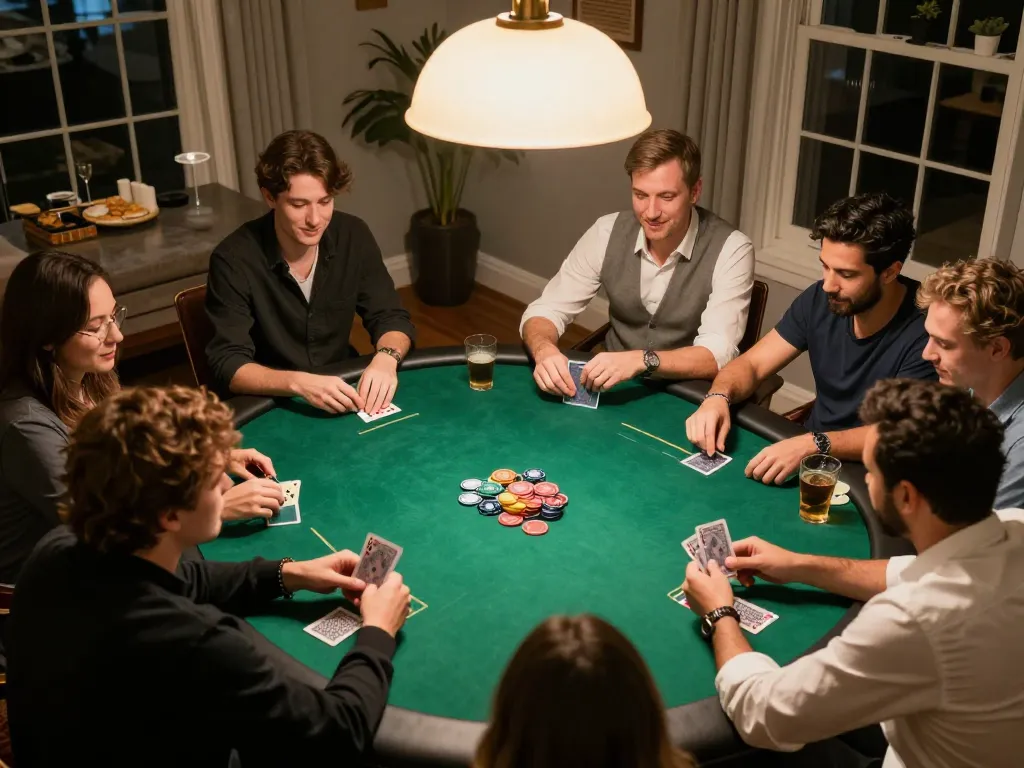 Engaged players at home poker night enjoying onbet strategies with lively atmosphere.