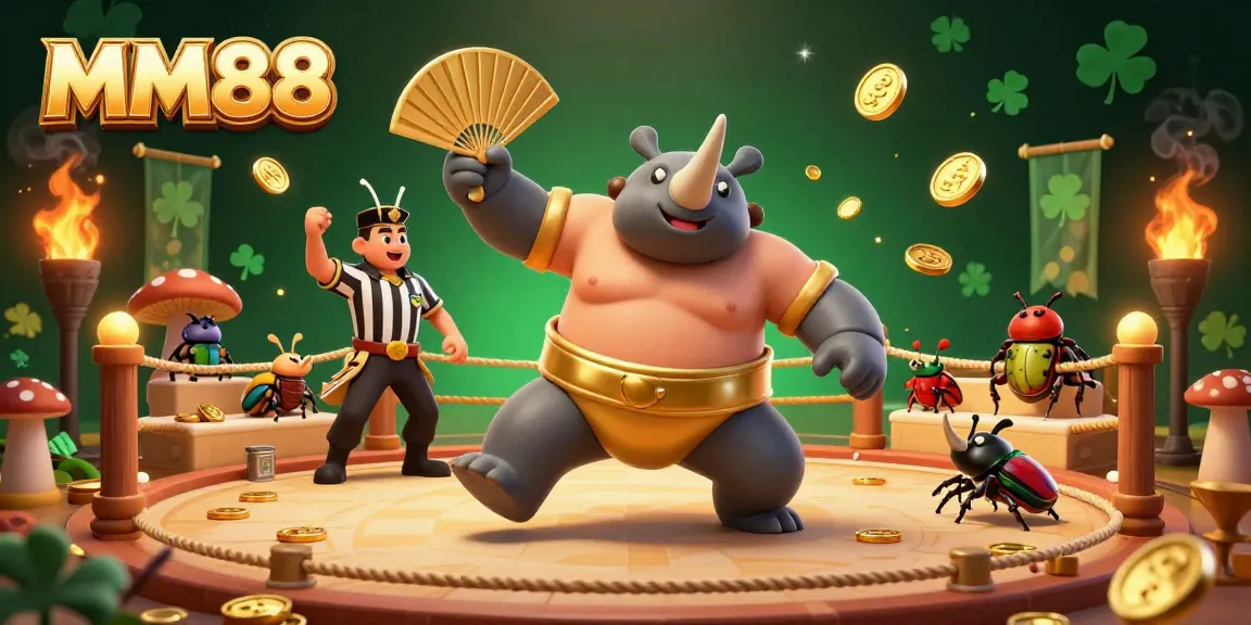 Experience thrilling MM88 gaming with a vibrant scene of casino action featuring a sumo champion beetle.