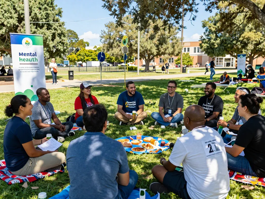 Men engaging in open discussions at a supportive manclub event in a community park.