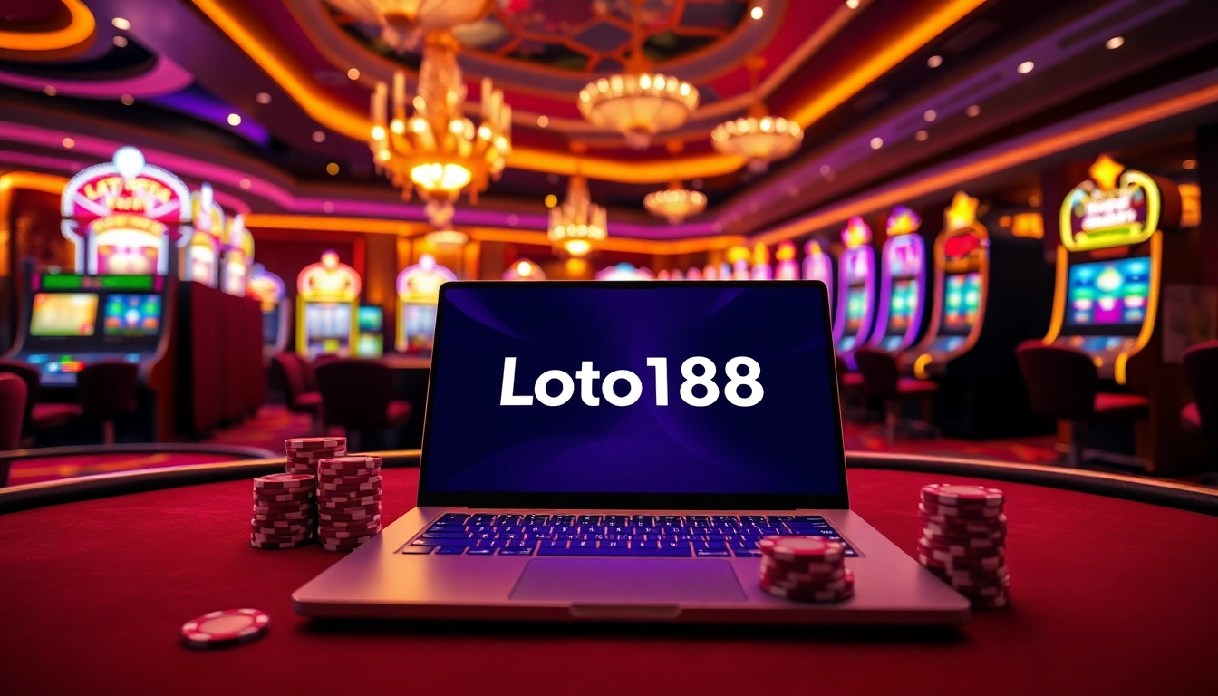 Exciting gameplay at Loto188 highlighted by vibrant casino elements and a sleek online interface.