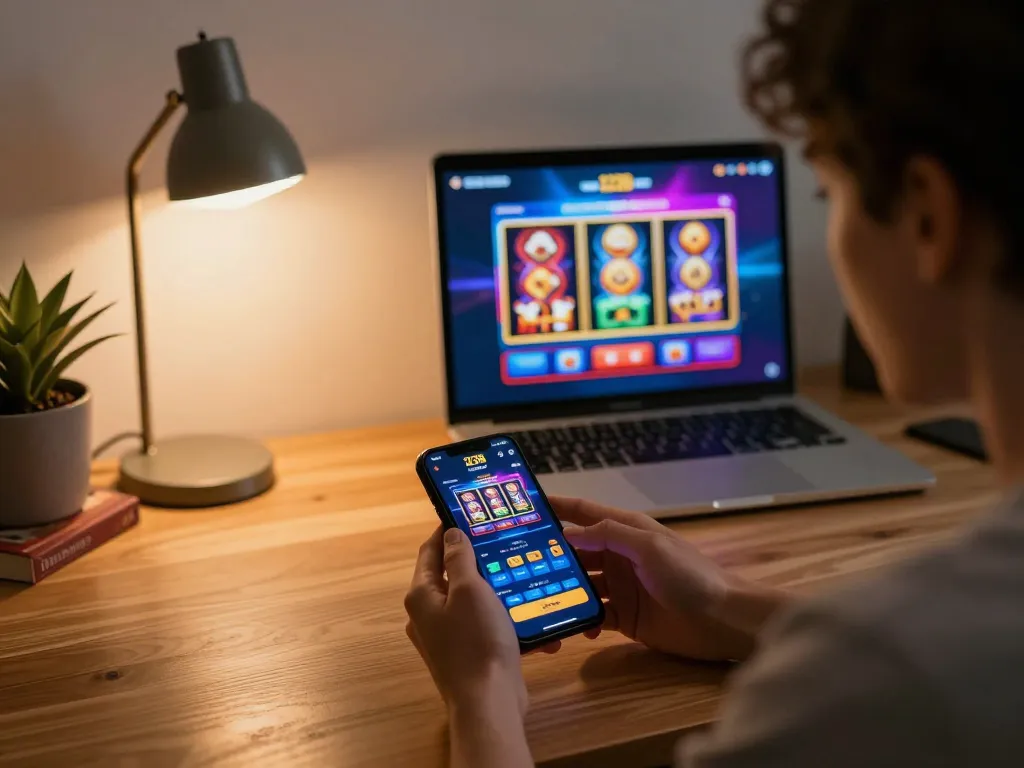 Engaging with the 123B mobile app, a player enjoys live dealer games and slots in a cozy home setting.